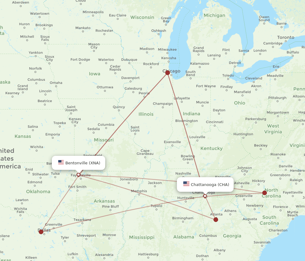 CHA-XNA flight routes