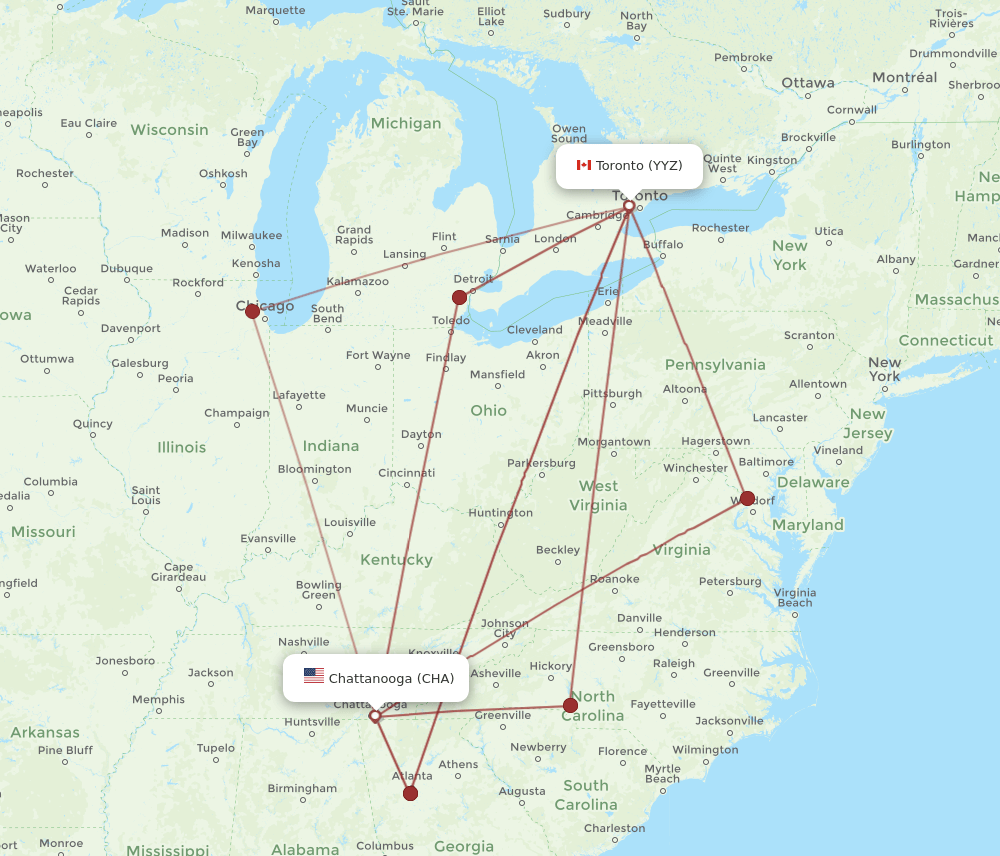 CHA to YYZ flights and routes map