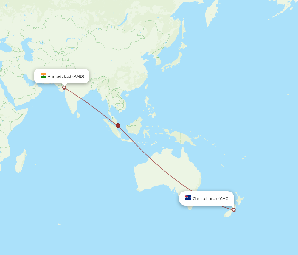 Ahmedabad - Christchurch route map and flight paths