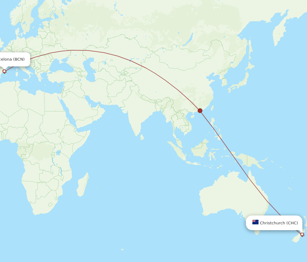 Barcelona - Christchurch route map and flight paths