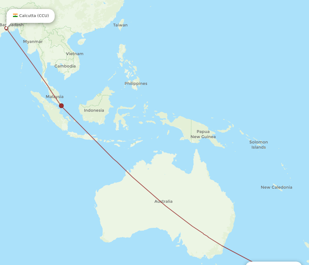 Kolkata - Christchurch route map and flight paths