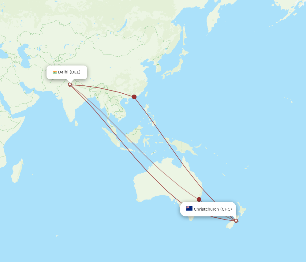 CHC-DEL flight routes