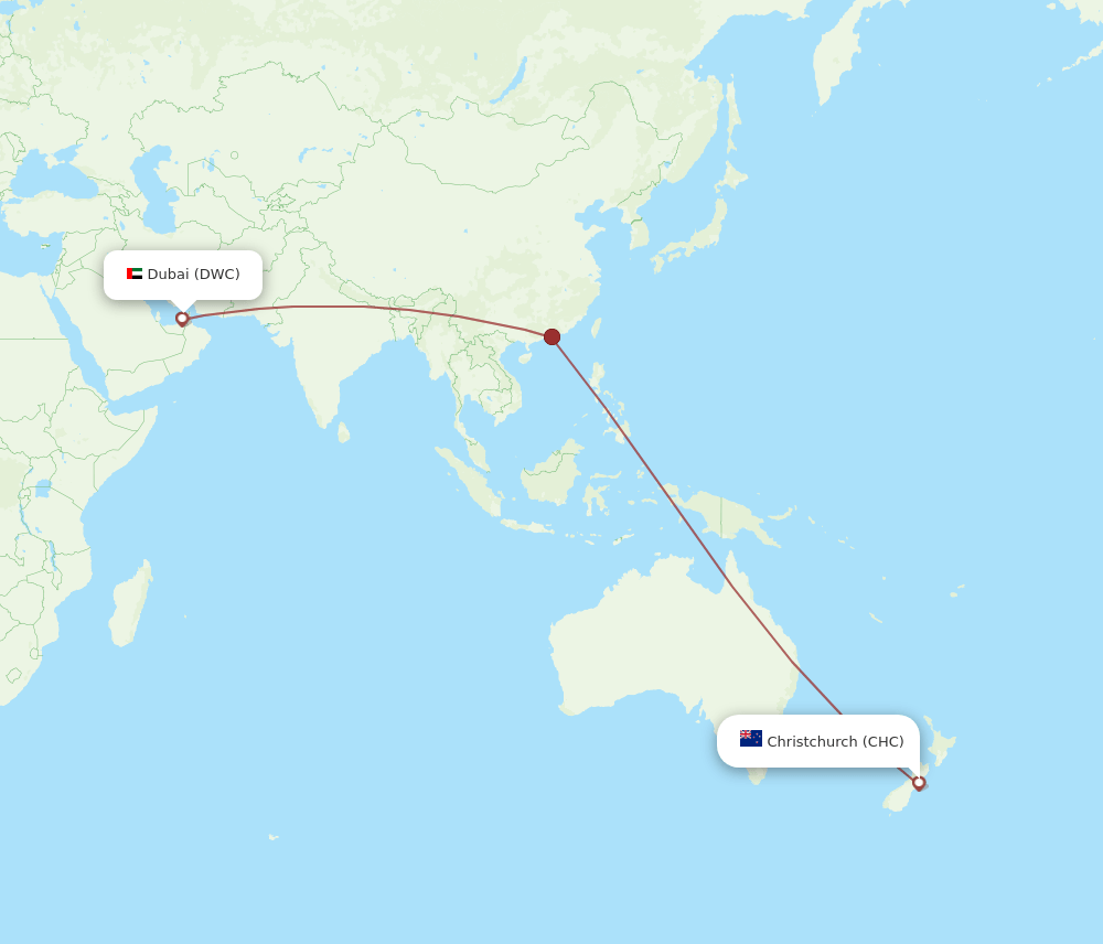 Dubai - Christchurch route map and flight paths