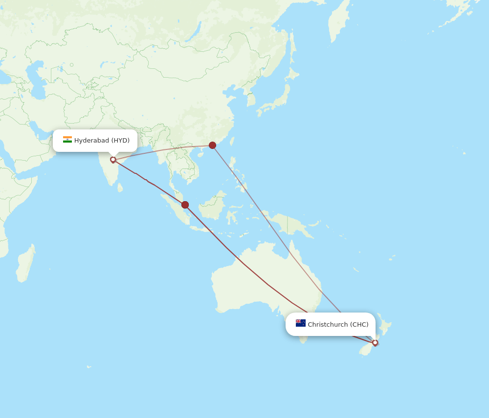 Hyderabad - Christchurch route map and flight paths