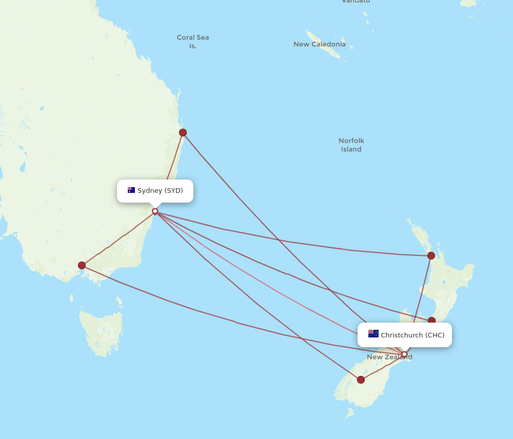 CHC to SYD flights and routes map