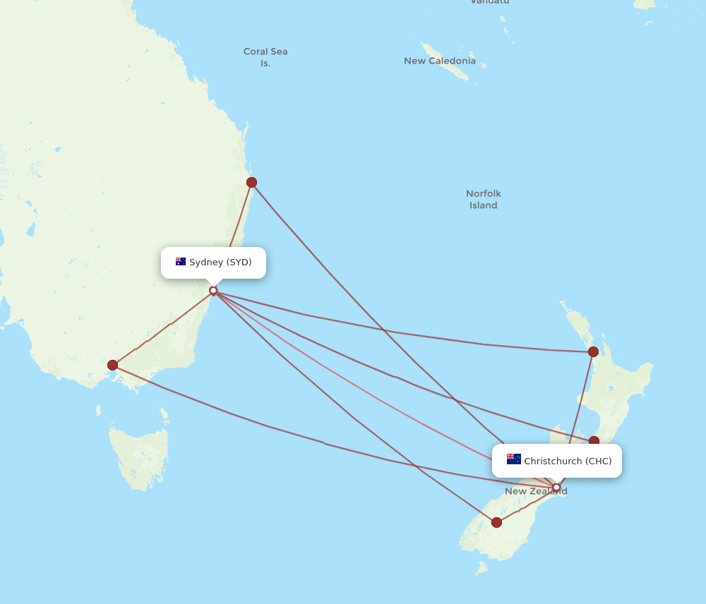 CHC-SYD flight routes