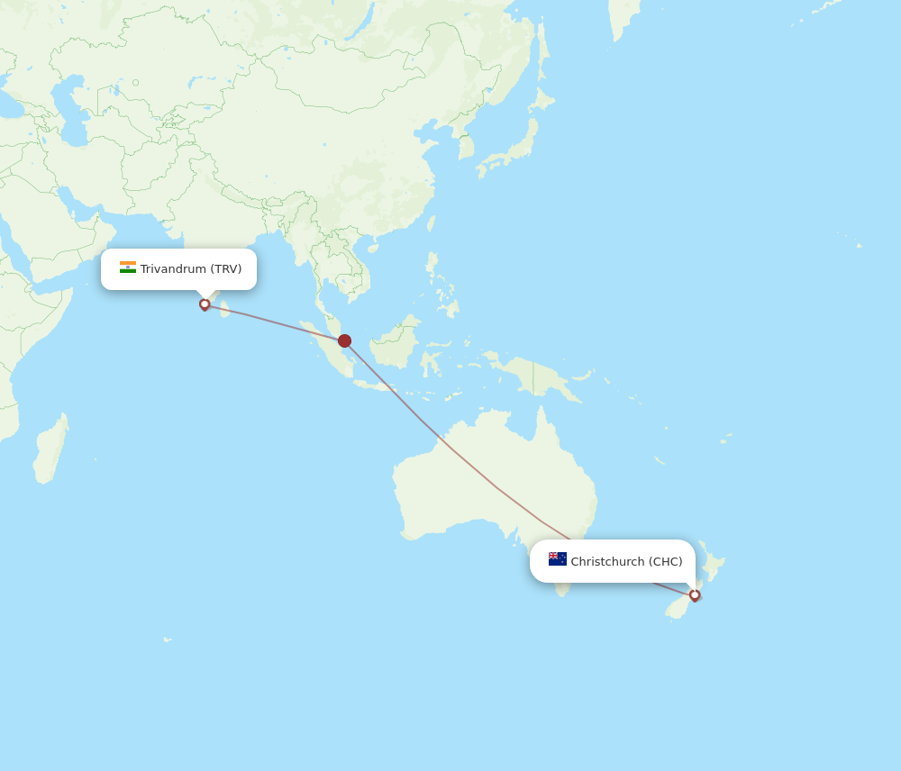 Thiruvananthapuram - Christchurch route map and flight paths