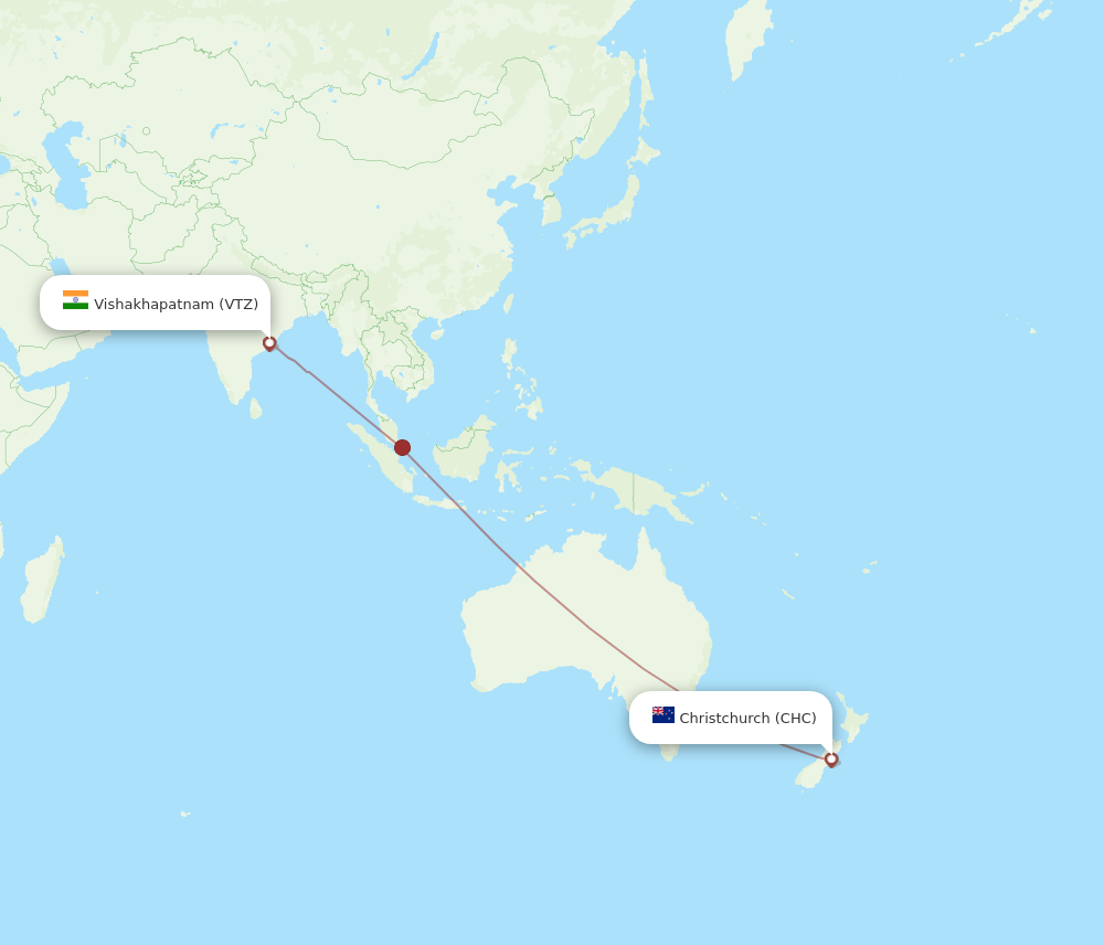 Vishakhapatnam - Christchurch route map and flight paths