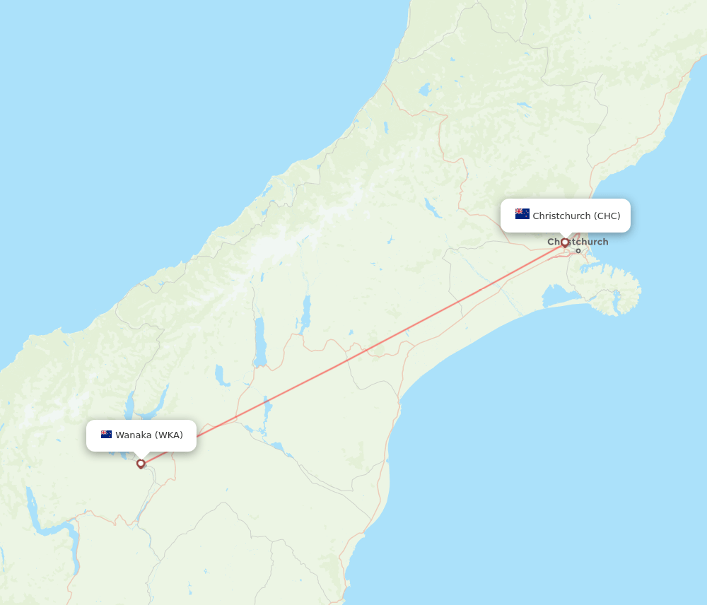 Christchurch - Wanaka route map and flight paths