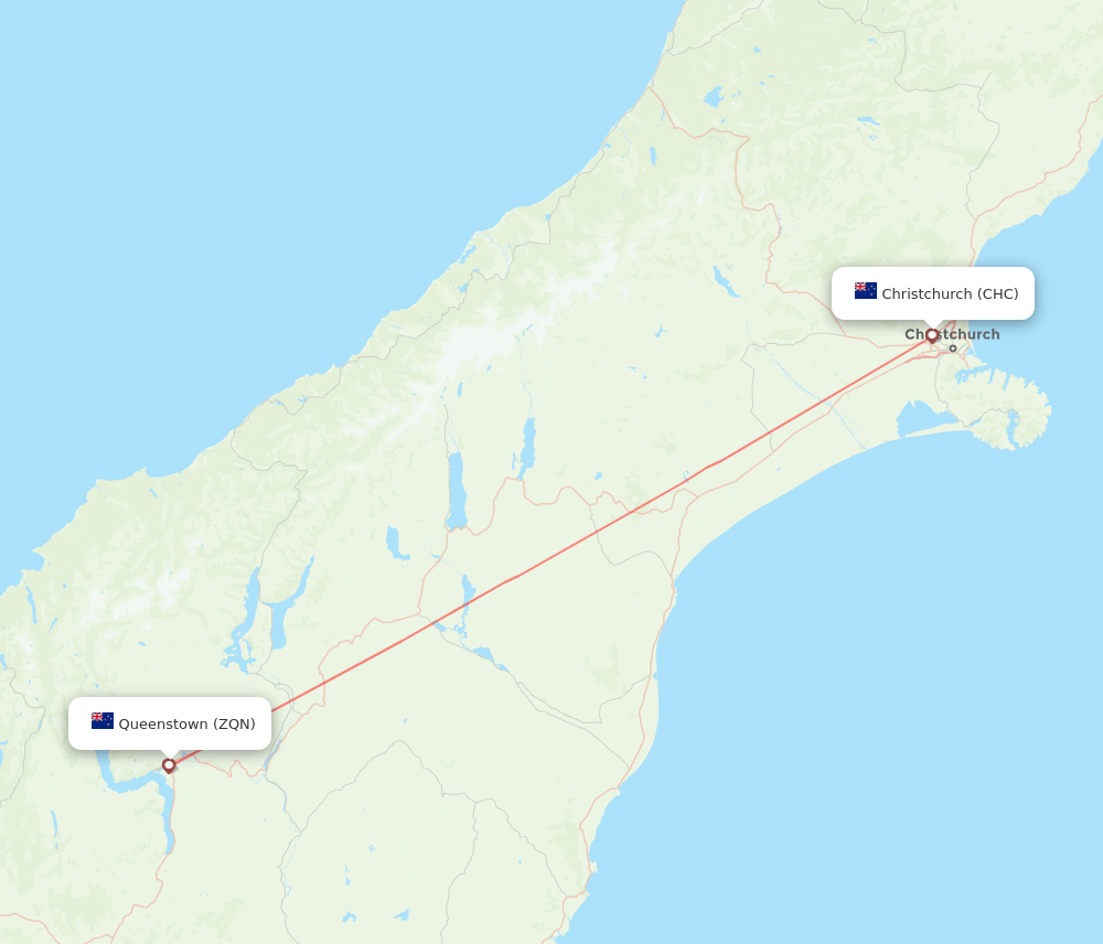 Christchurch - Queenstown route map and flight paths