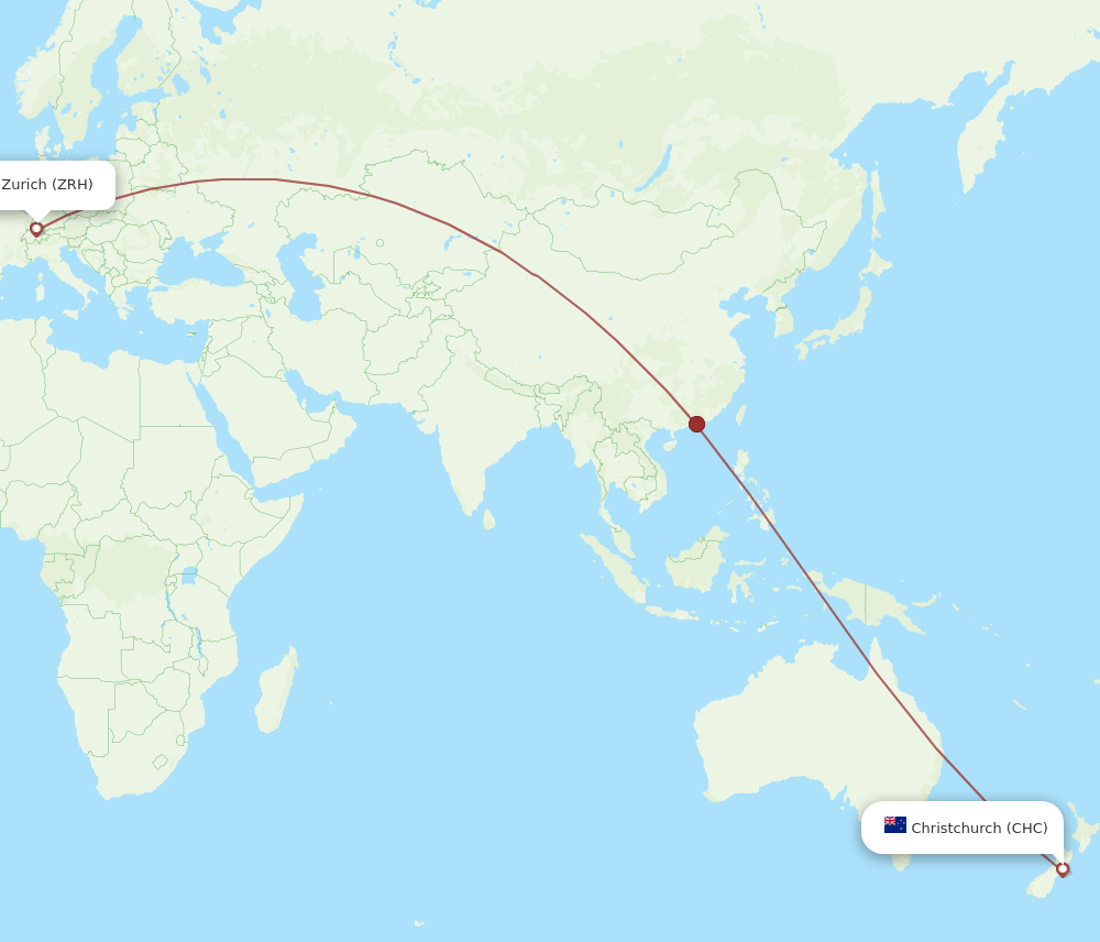 Zurich - Christchurch route map and flight paths