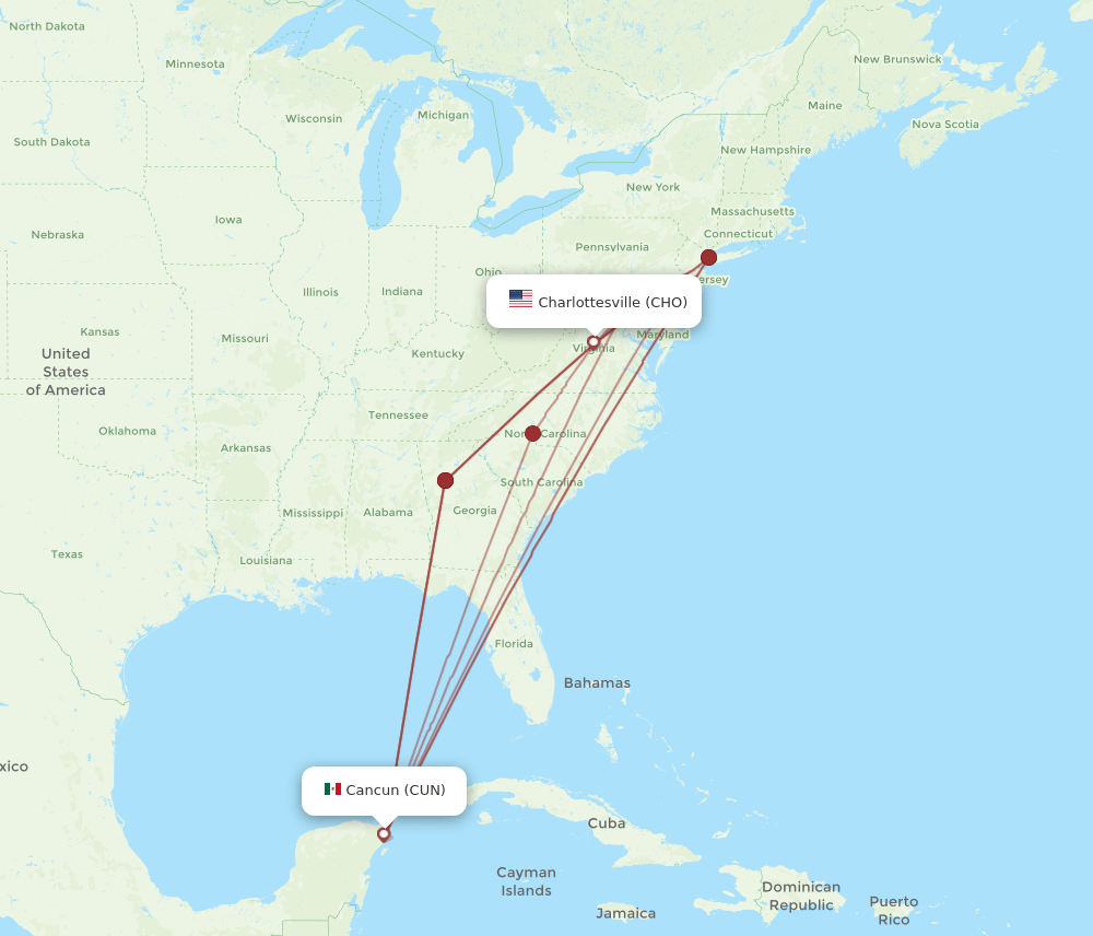 CHO to CUN flights and routes map