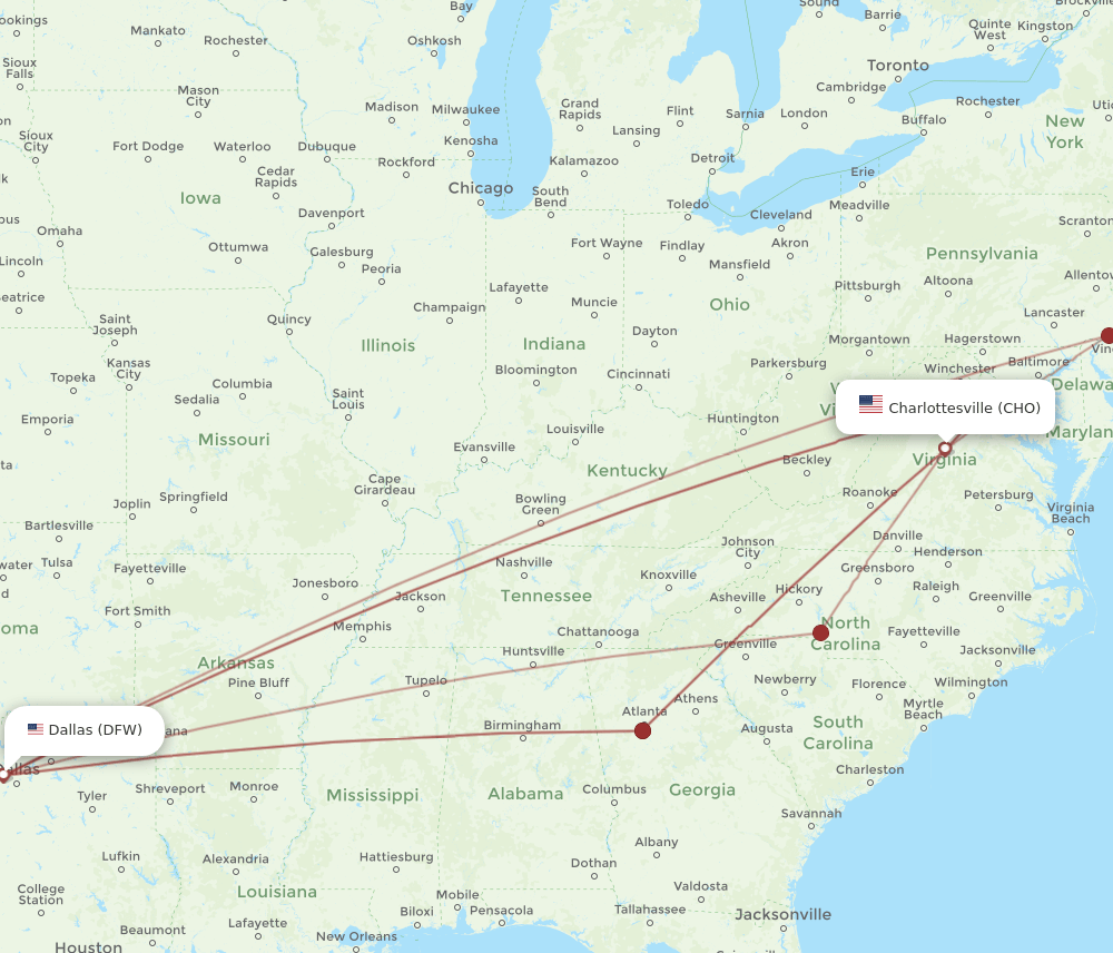 CHO-DFW flight routes