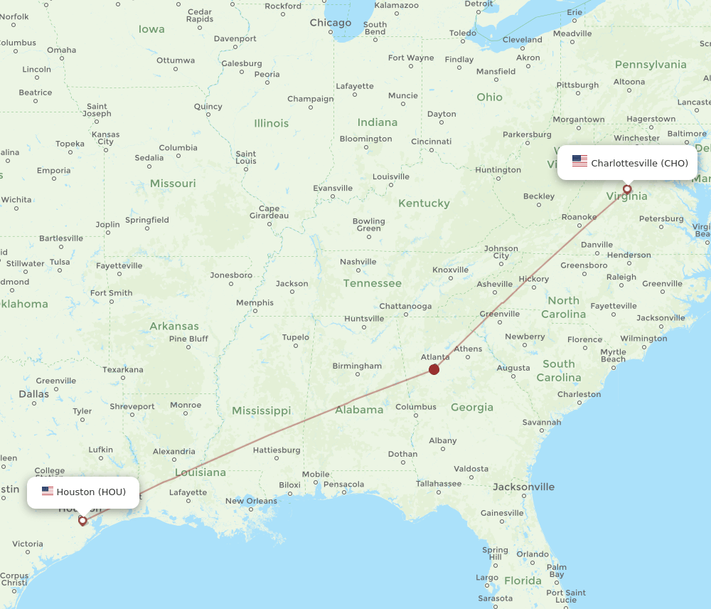 CHO to HOU flights and routes map