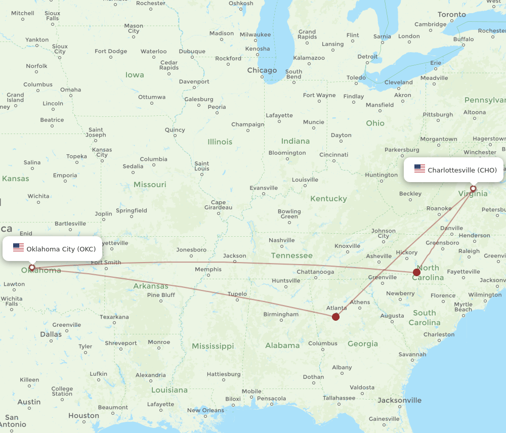 CHO to OKC flights and routes map