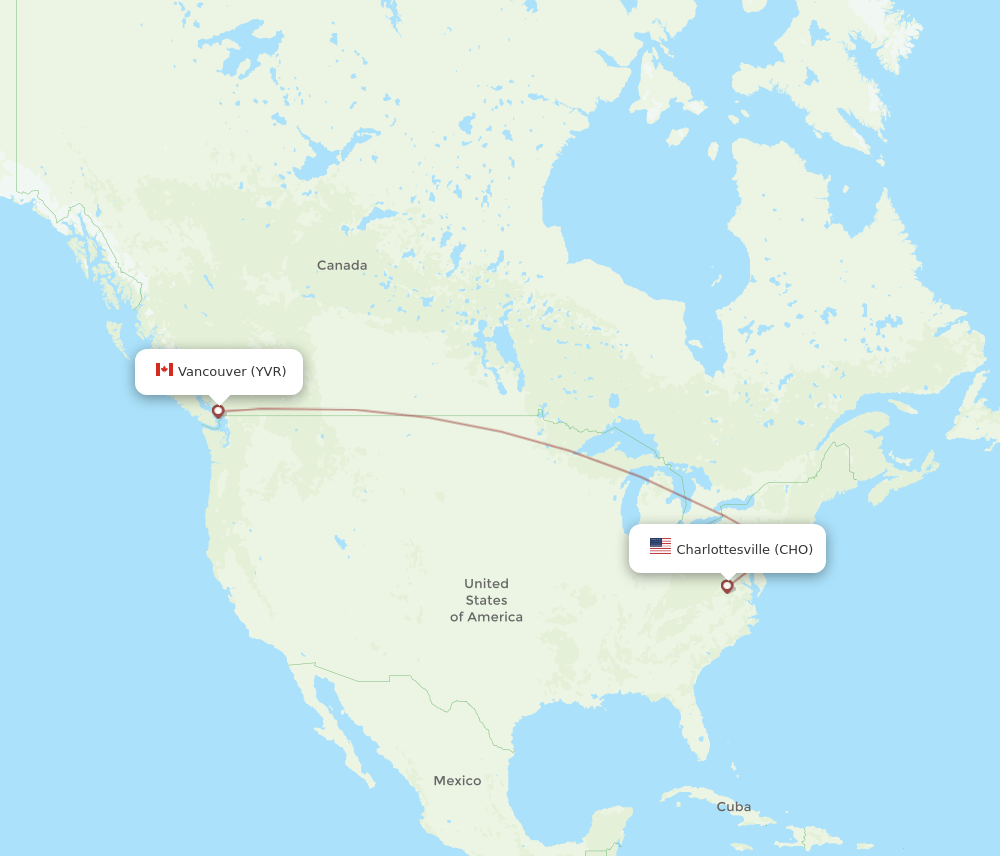 Vancouver - Charlottesville route map and flight paths