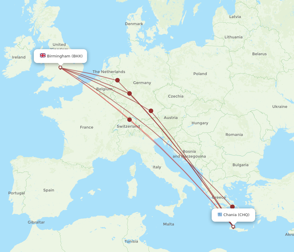CHQ to BHX flights and routes map