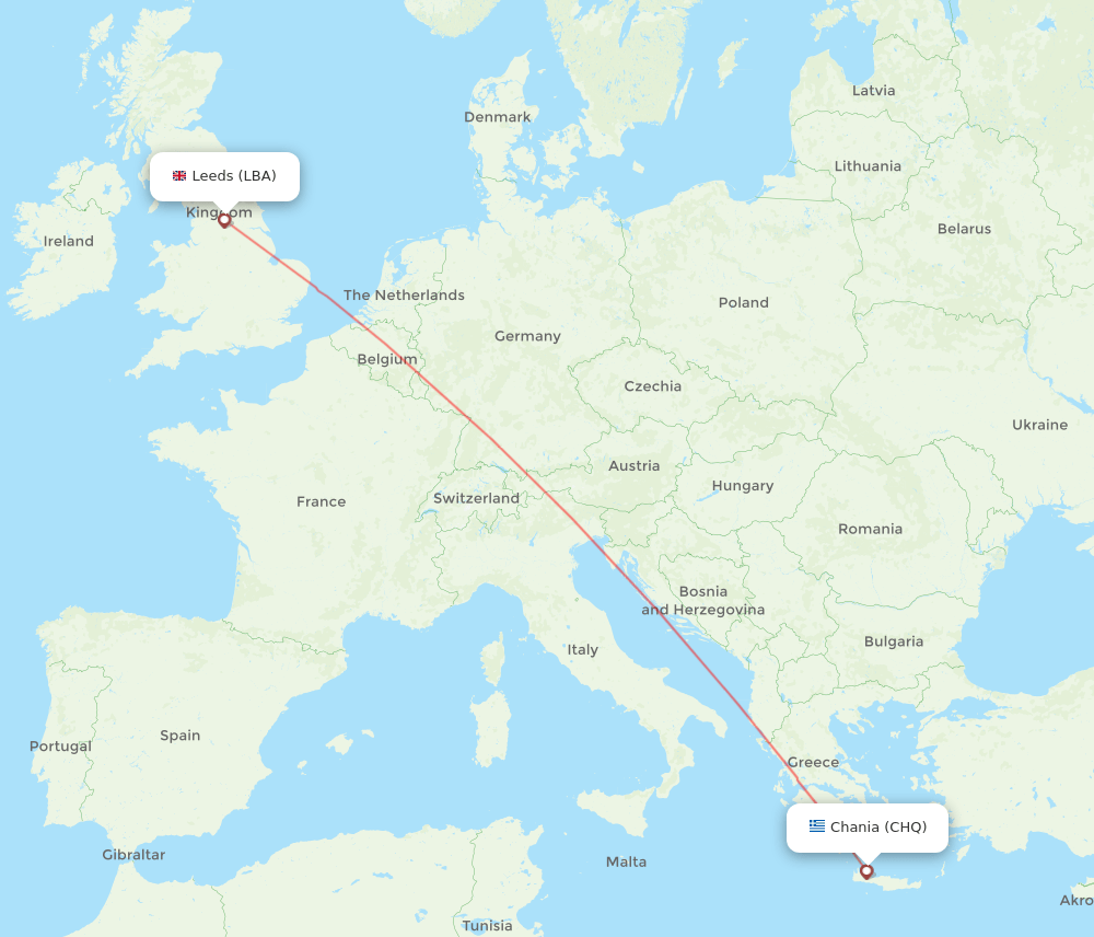 Chania - Leeds route map and flight paths