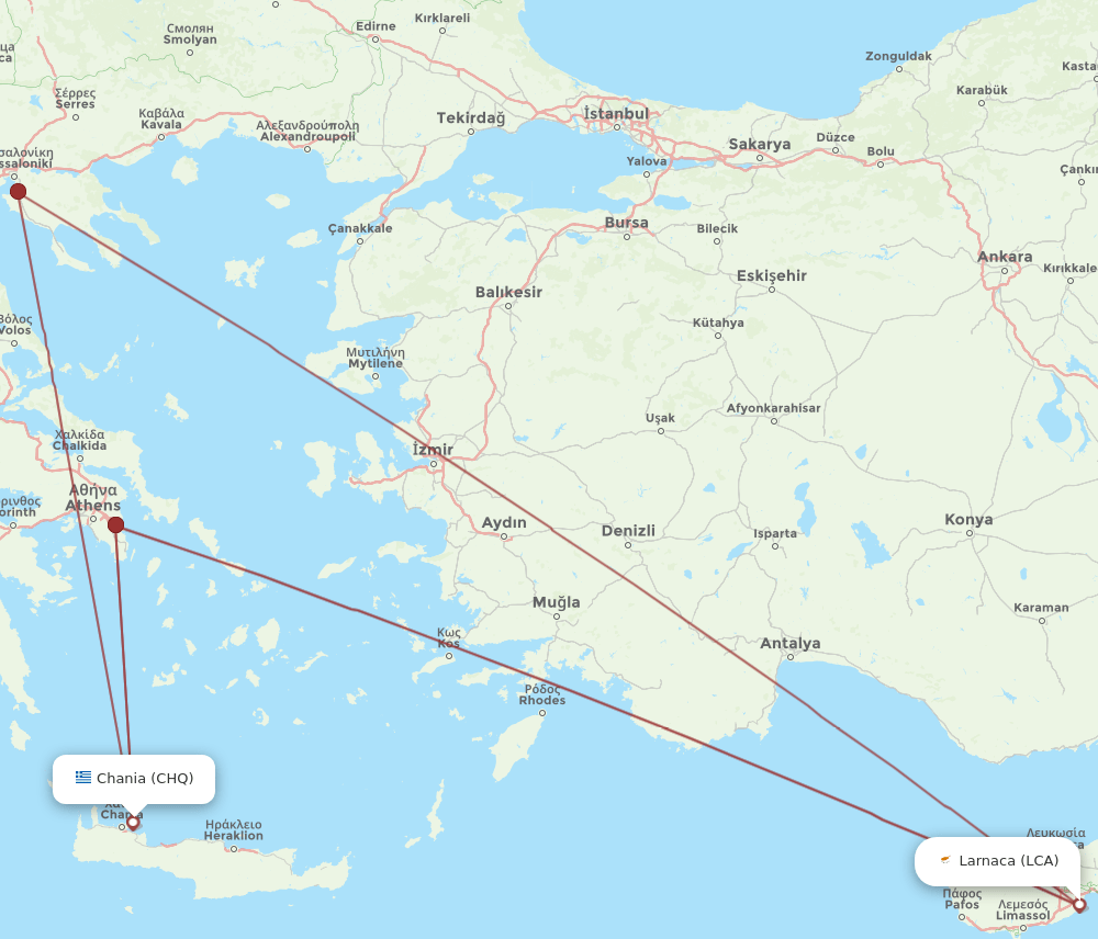 CHQ to LCA flights and routes map