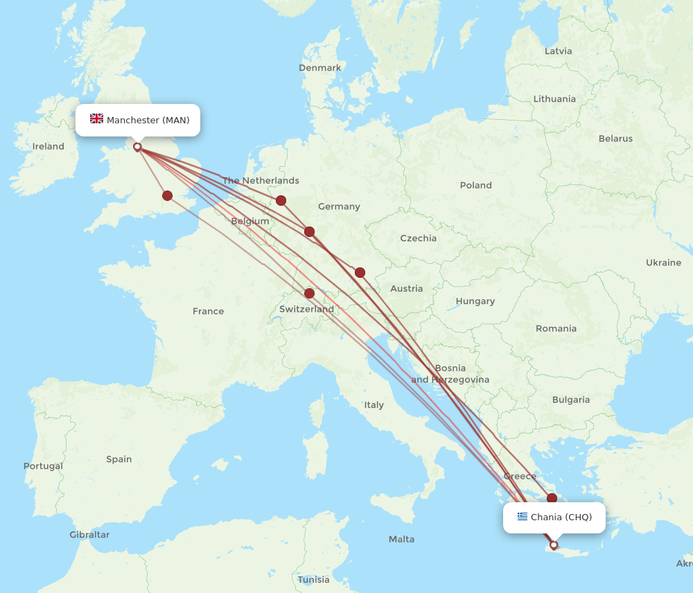 CHQ to MAN flights and routes map