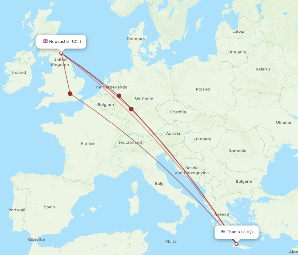CHQ to NCL flights and routes map