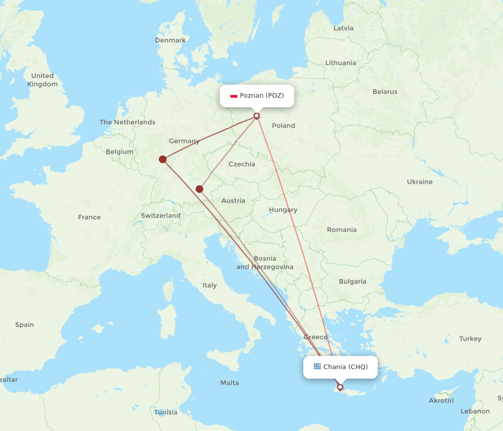 Chania - Poznan route map and flight paths