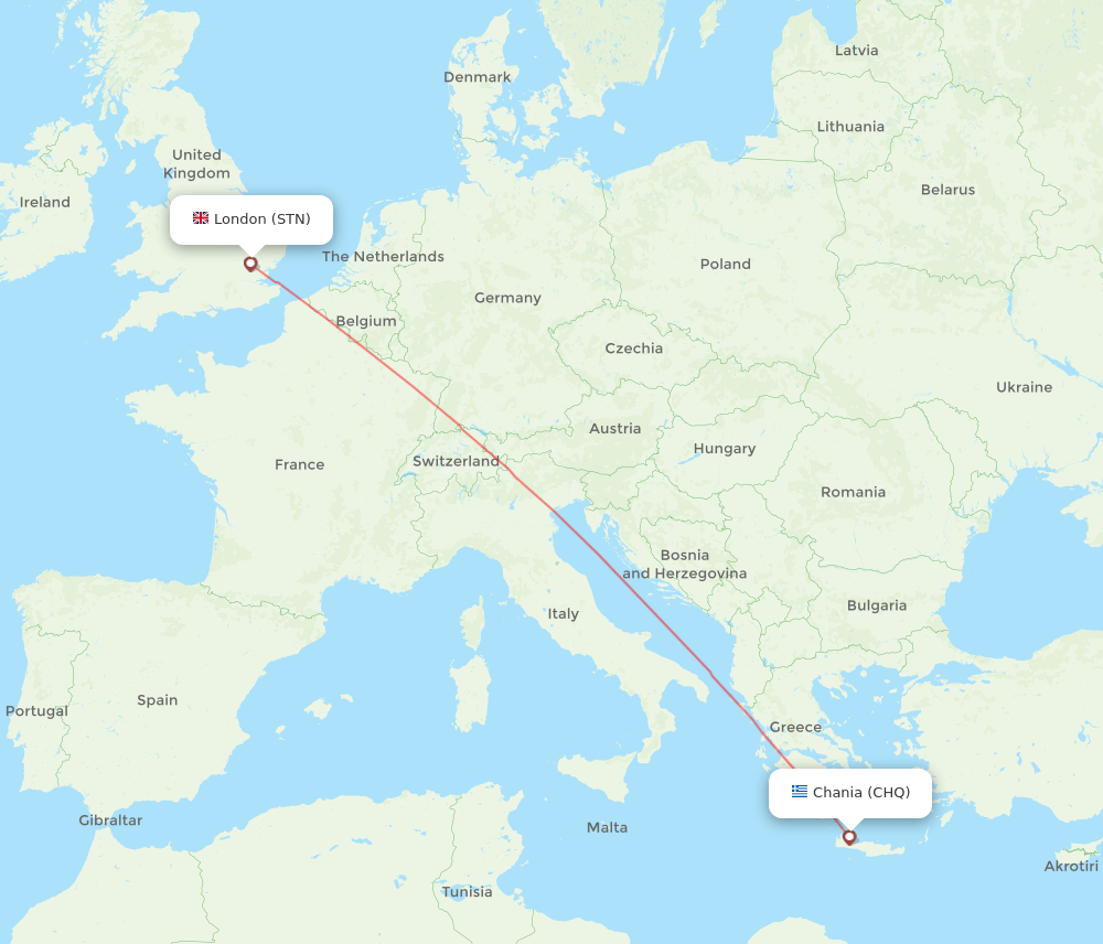 CHQ to STN flights and routes map