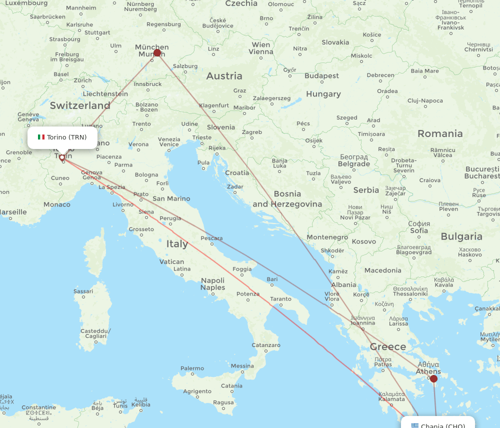 Turin - Chania route map and flight paths