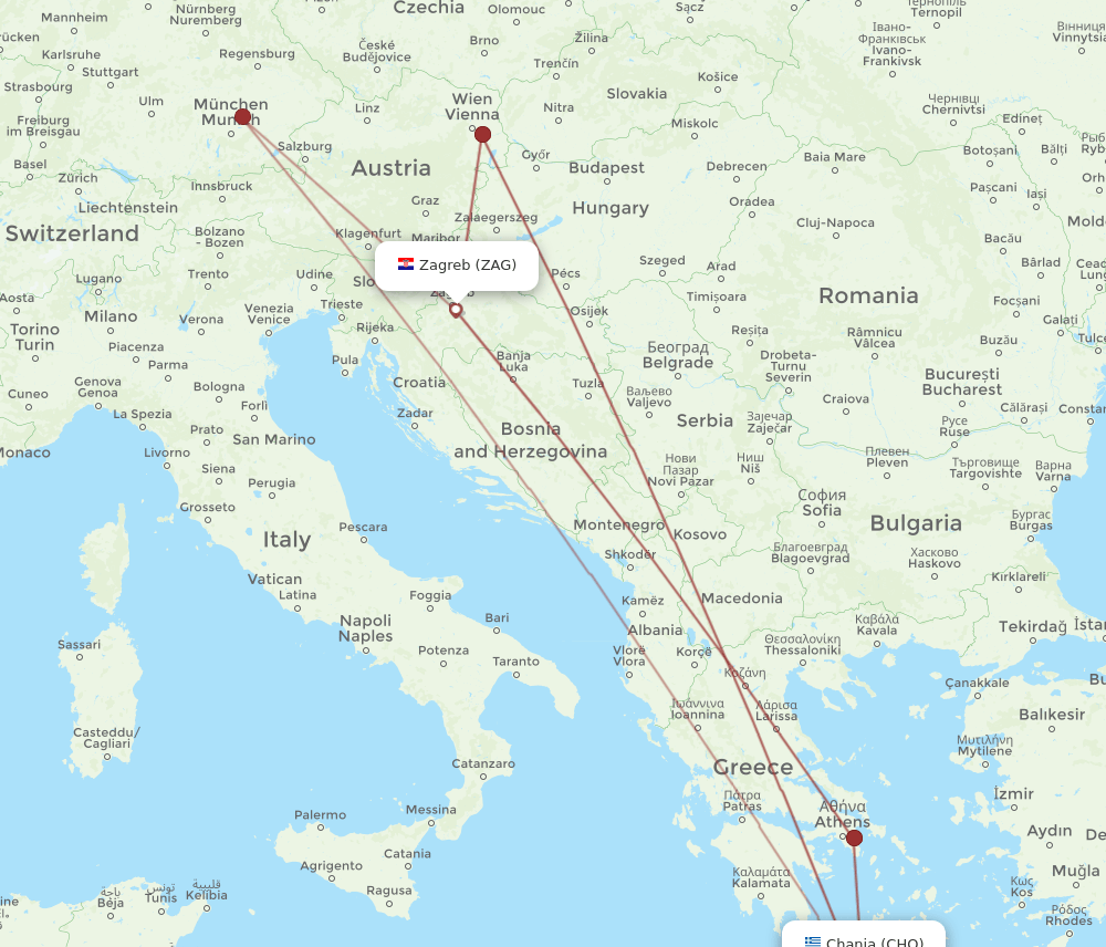 Zagreb - Chania route map and flight paths