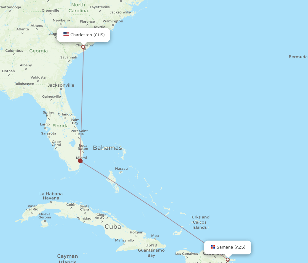 Charleston - El Catey/Samana route map and flight paths