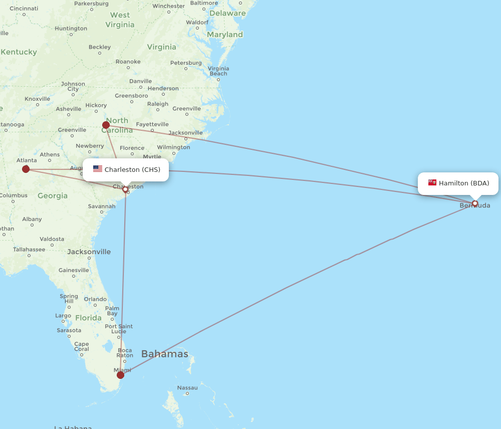 CHS to BDA flights and routes map