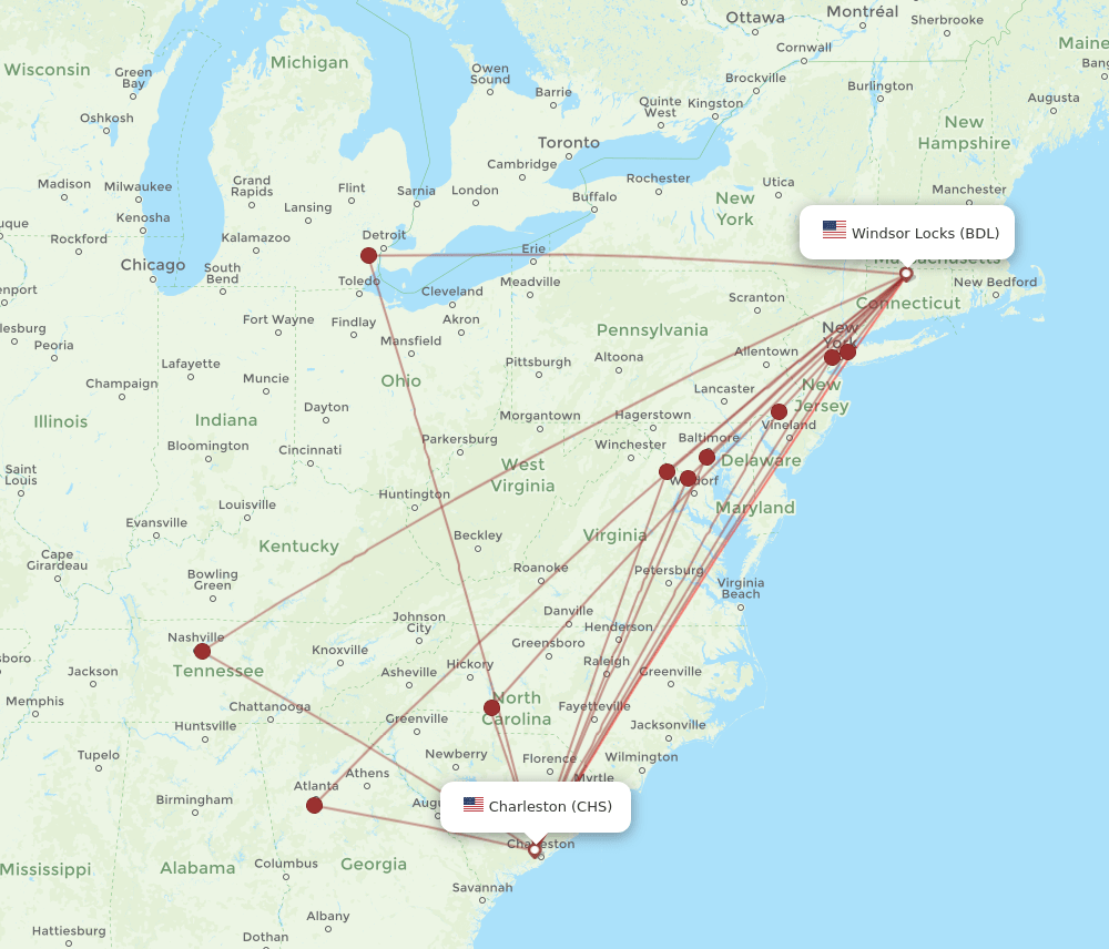 CHS-BDL flight routes