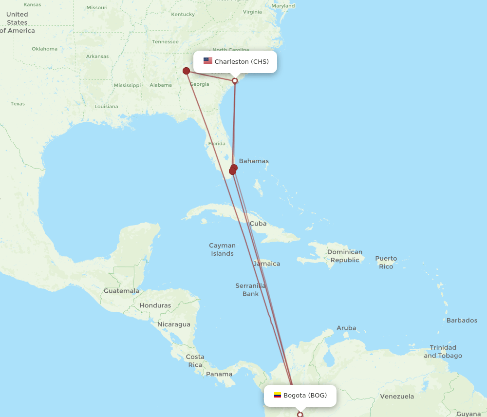 CHS to BOG flights and routes map