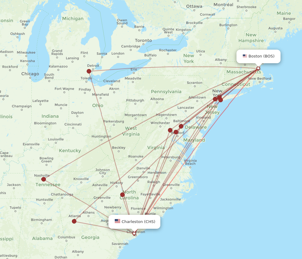 CHS to BOS flights and routes map