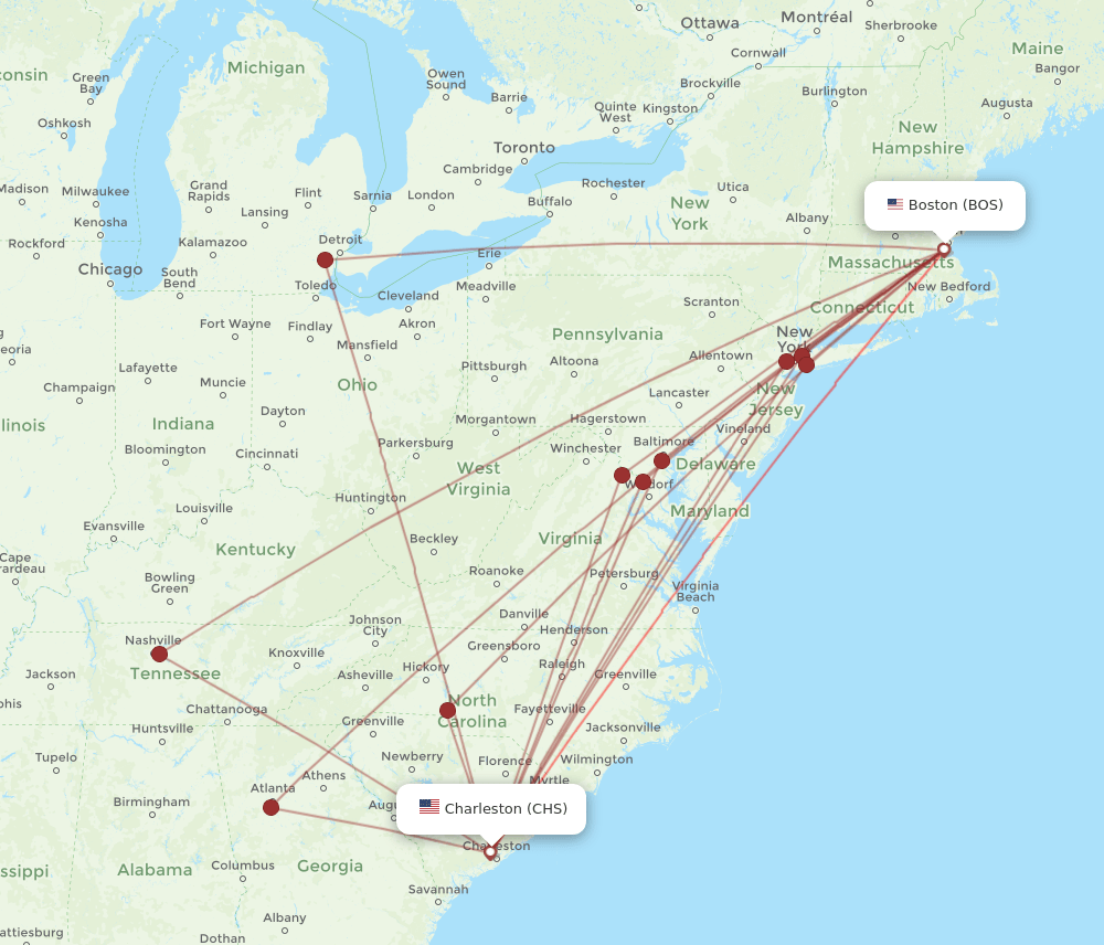 CHS to BOS flights and routes map