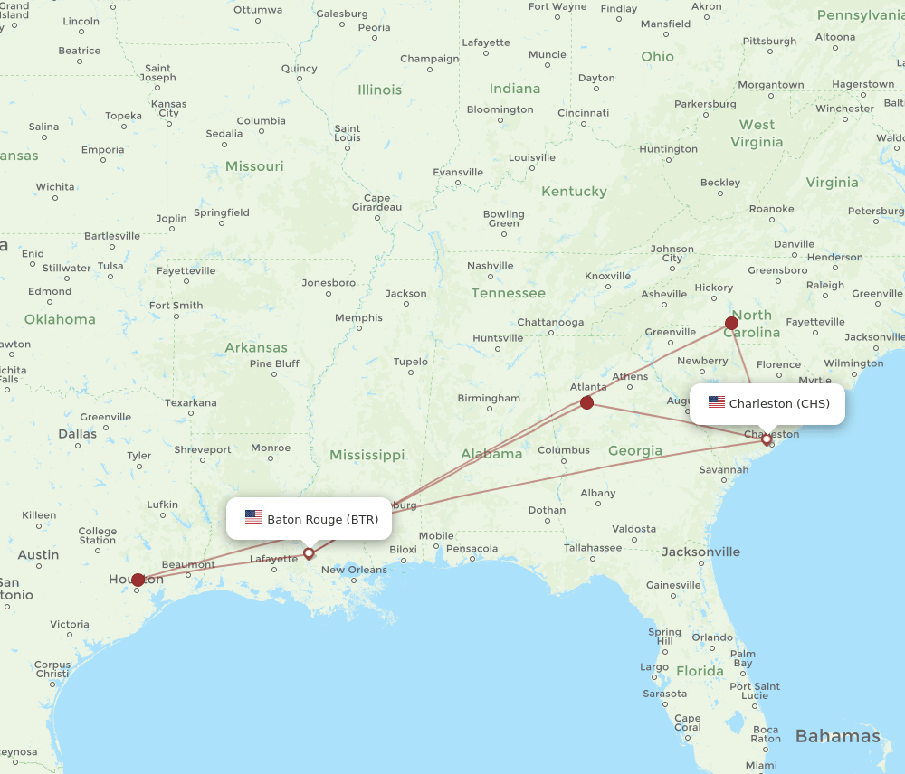 CHS to BTR flights and routes map