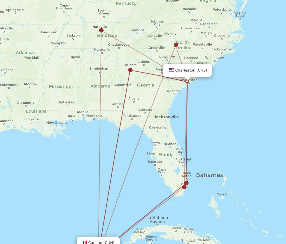 CHS-CUN flight routes
