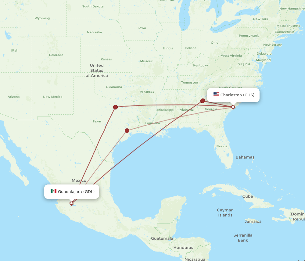 CHS to GDL flights and routes map