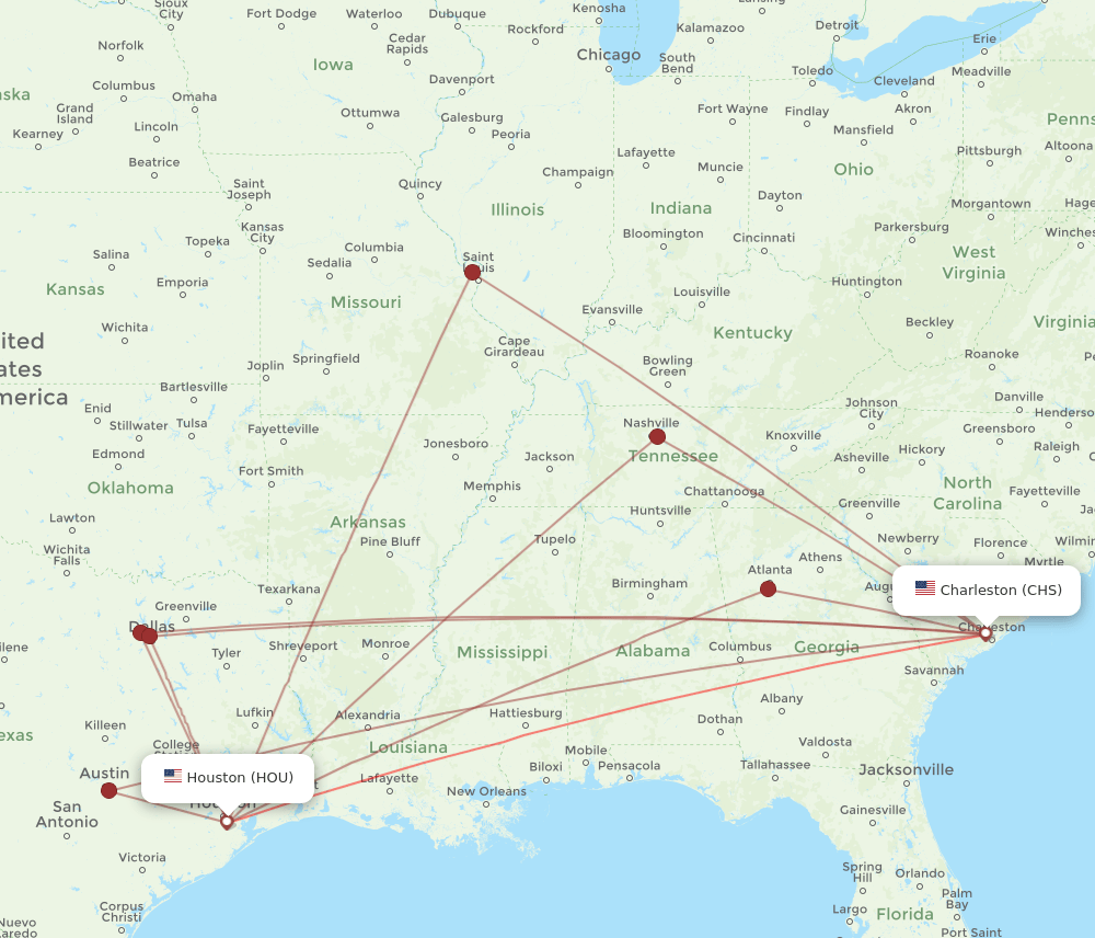 CHS to HOU flights and routes map