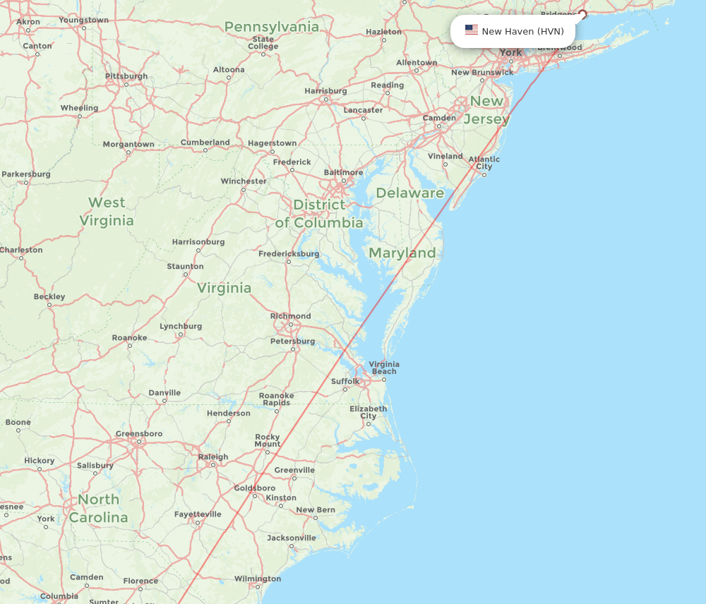 CHS to HVN flights and routes map