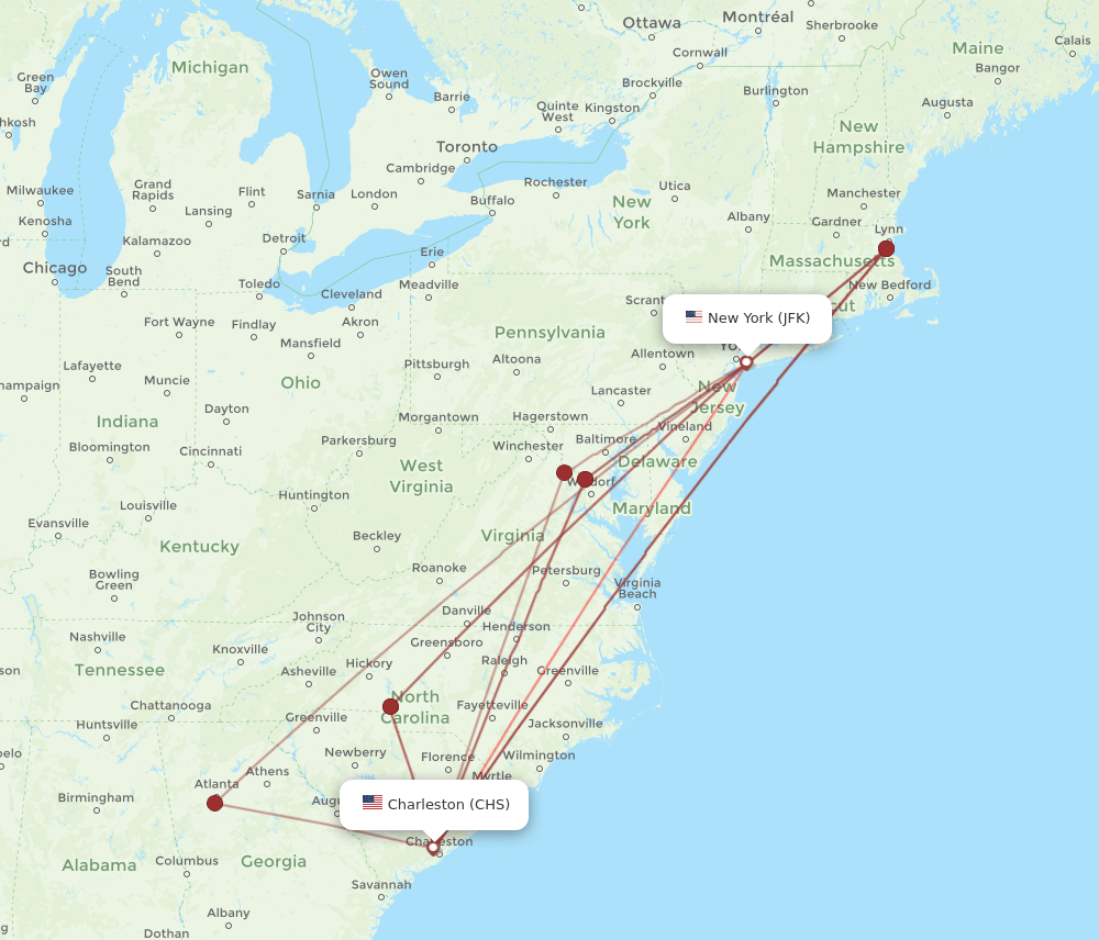 CHS to JFK flights and routes map