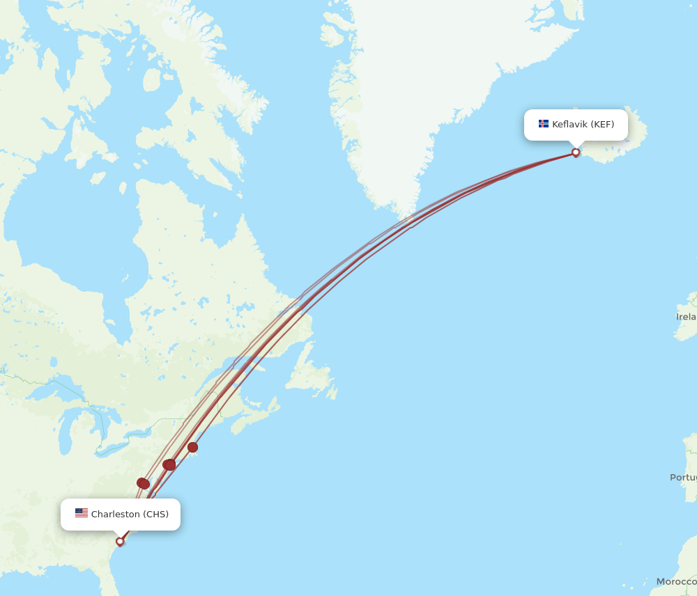 CHS-KEF flight routes