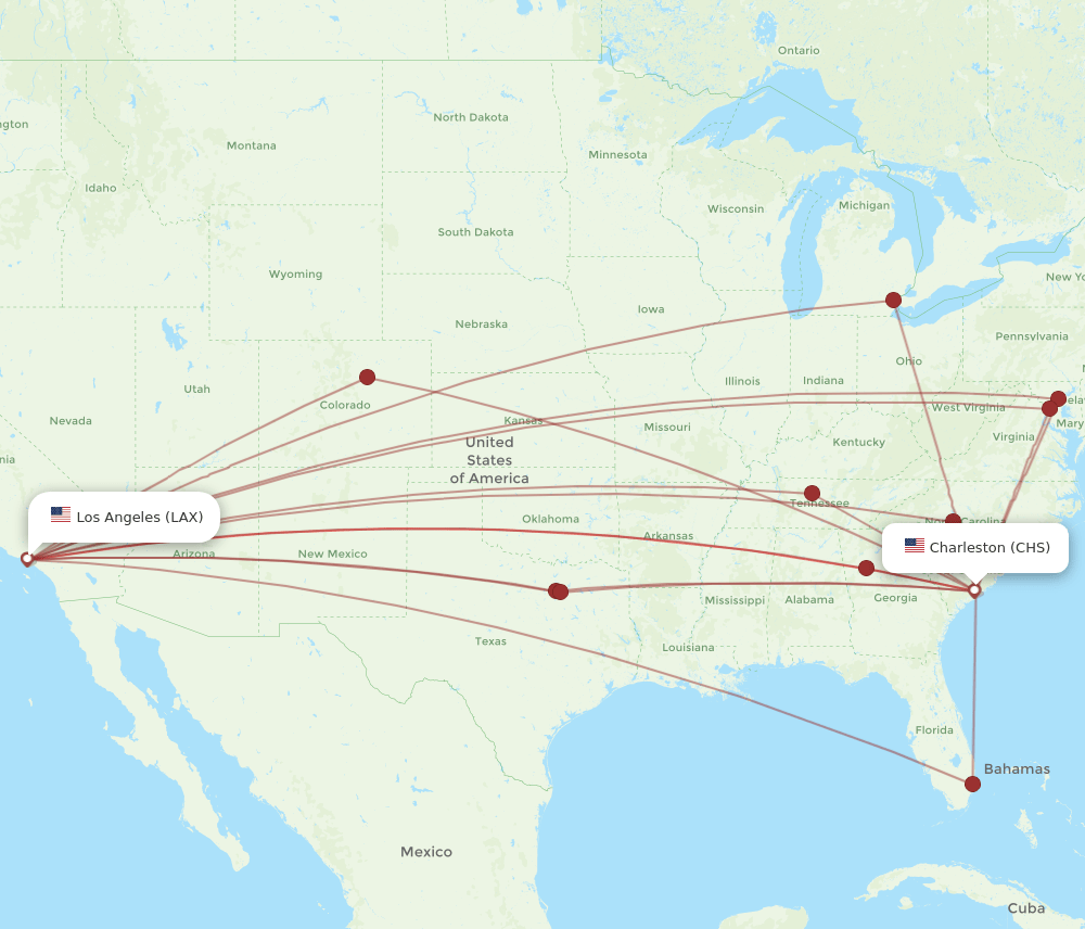 CHS-LAX flight routes