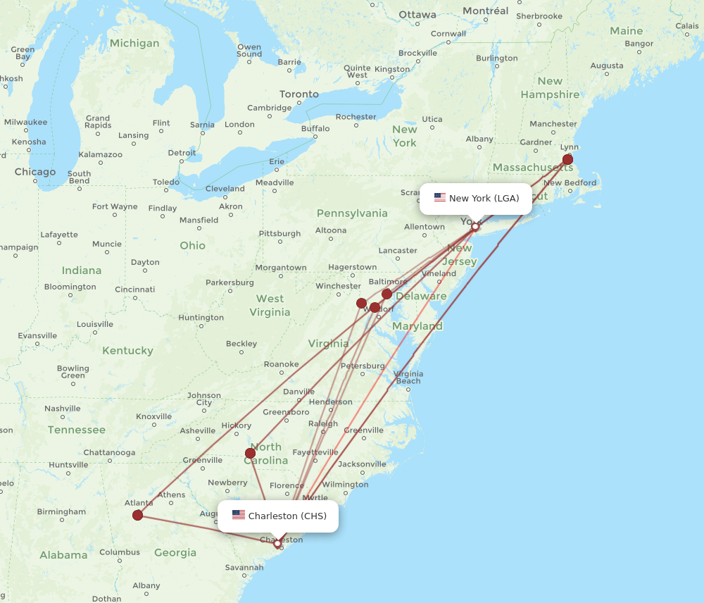 CHS to LGA flights and routes map
