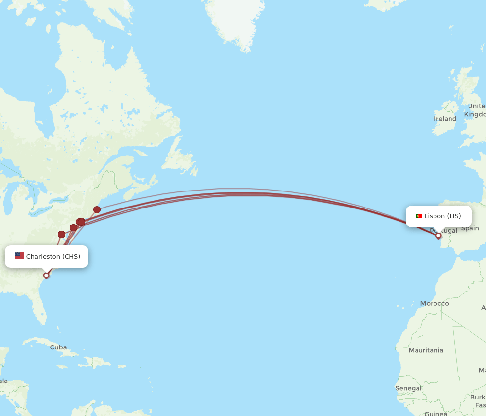 CHS-LIS flight routes