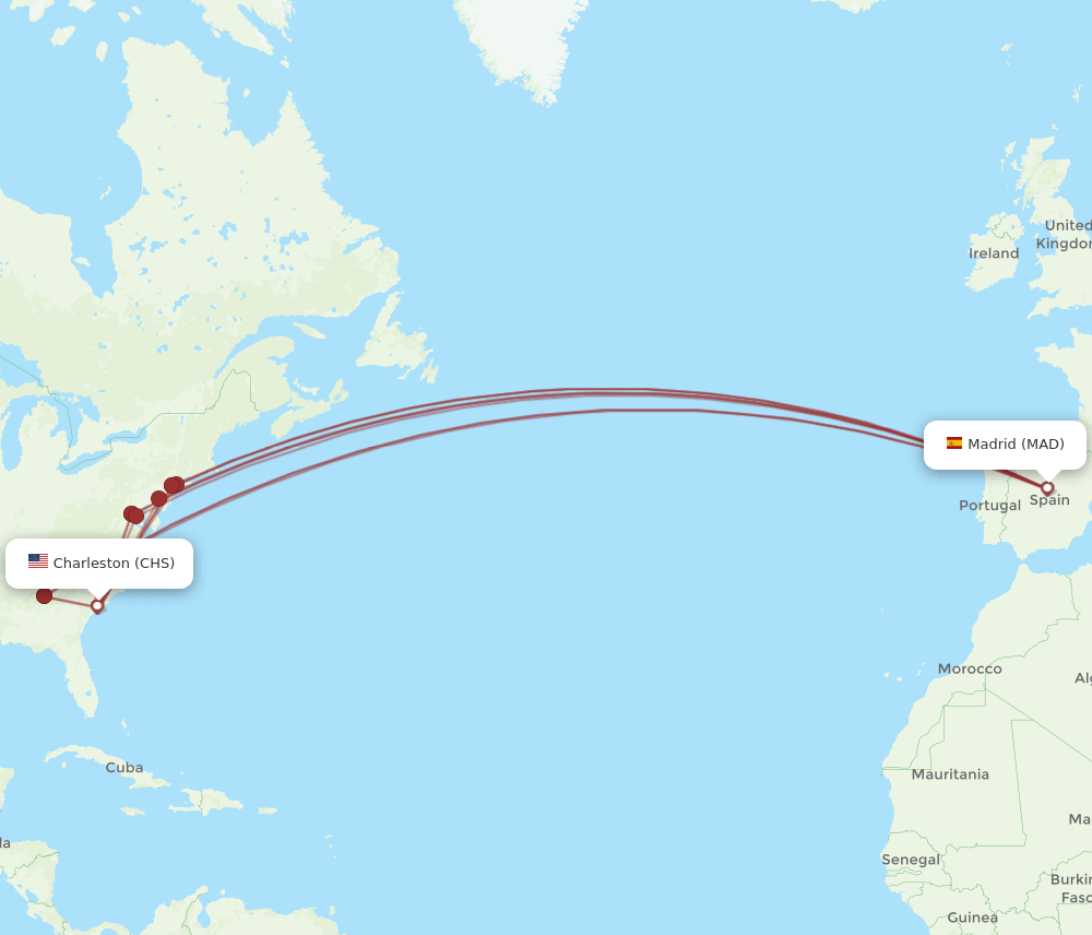 CHS-MAD flight routes