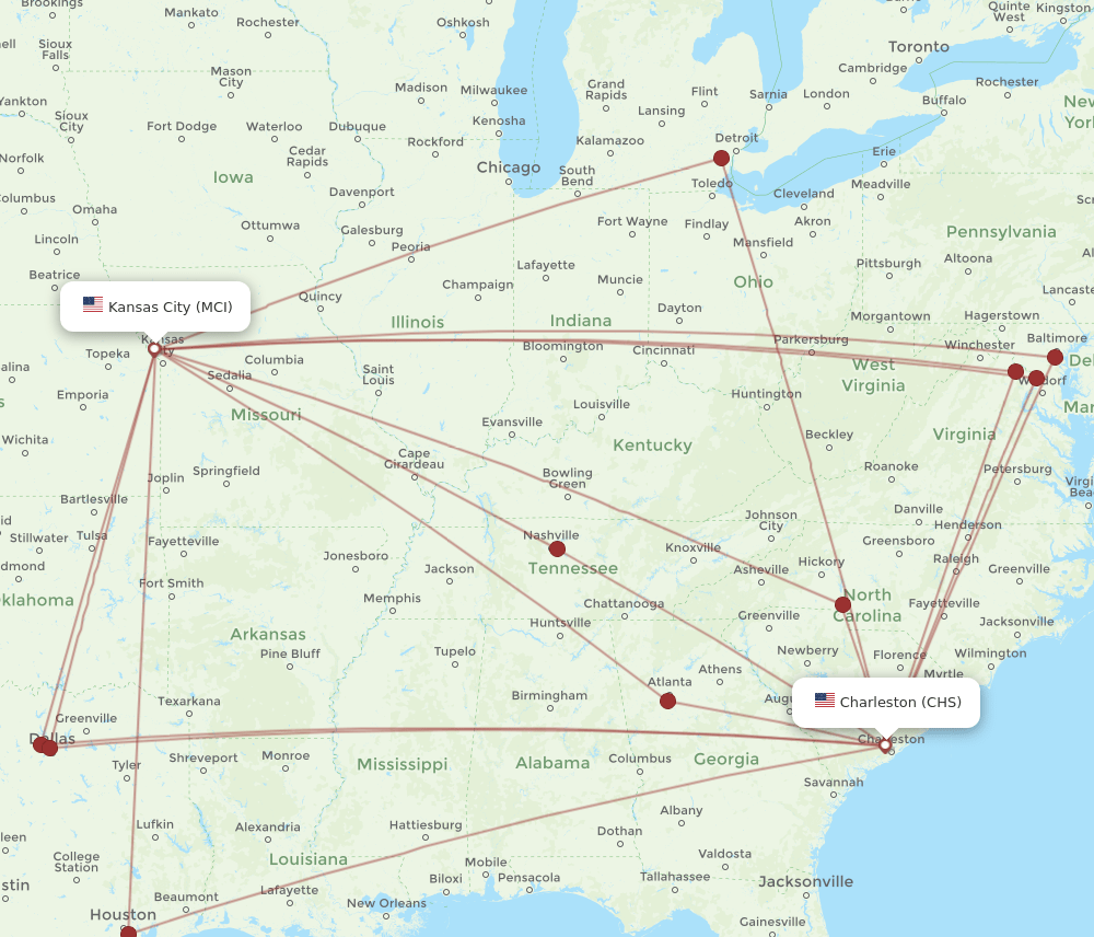 CHS to MCI flights and routes map