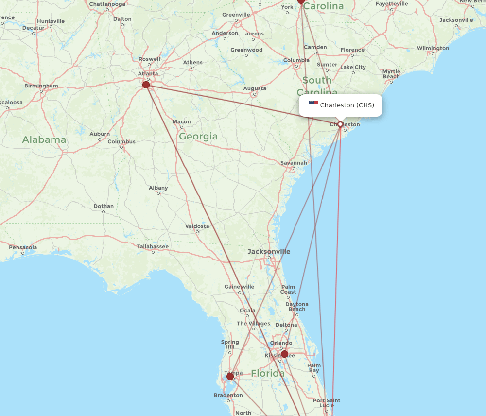 CHS to MIA flights and routes map