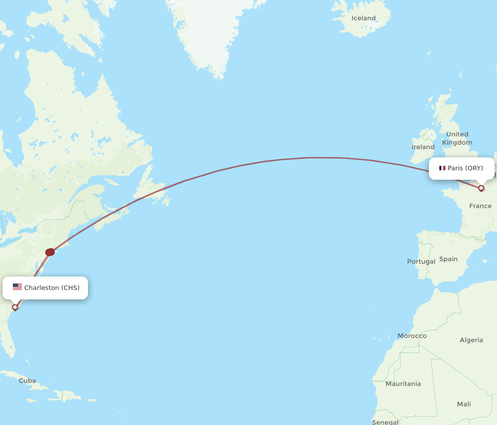 Charleston - Paris route map and flight paths