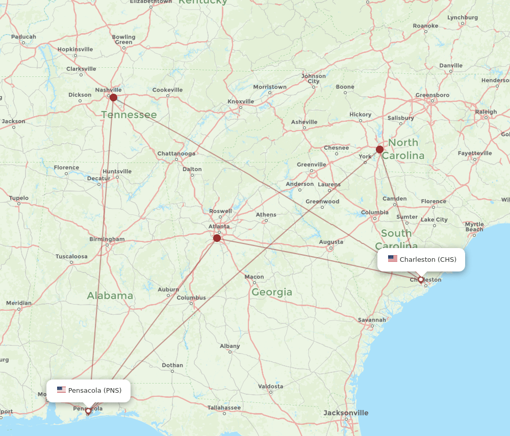 CHS to PNS flights and routes map